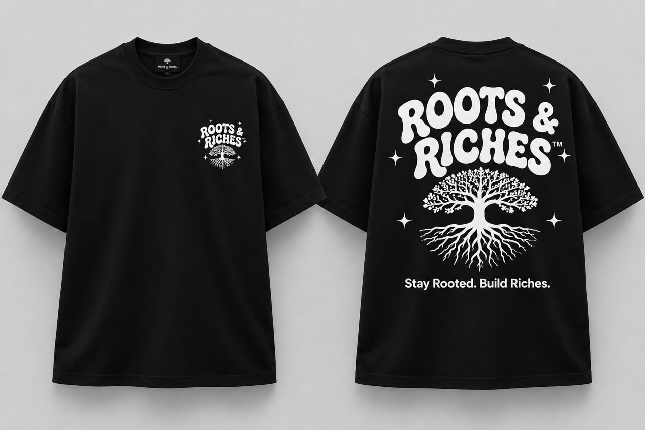 Roots & Riches black Foundation Tee, front and back with the white tree of life print